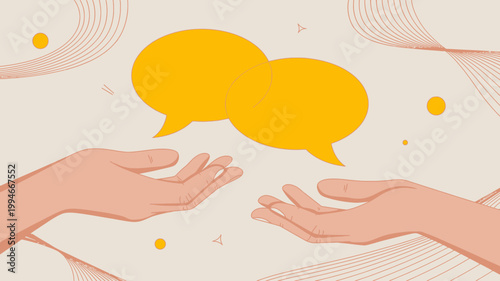 Two hands reach towards overlapping yellow speech bubbles suggesting communication connection or the exchange of ideas in a minimalist style high quality professional detailed modern elegant