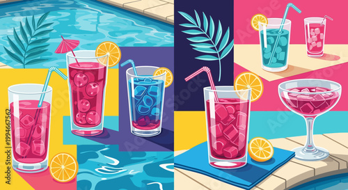 Colorful summer cocktails with straws and fruit by the pool