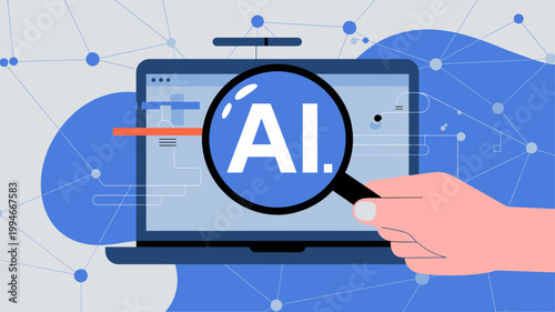 An illustration depicts a hand using a magnifying glass over a laptop screen displaying the letters ai representing artificial intelligence high quality professional detailed modern elegant