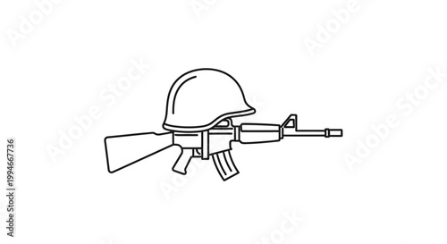 Rifle with helmet and gun.