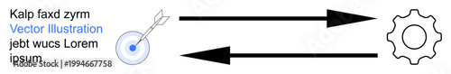 Workflow, process optimization, goal achievement, strategy planning, direction, systems integration. A target with an arrow and a gear connected by arrows. Workflow and process optimization concept
