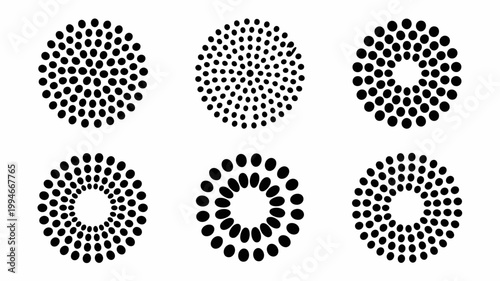 Tableau sur toile This image showcases six circular arrangements of black dots on a white backgrou