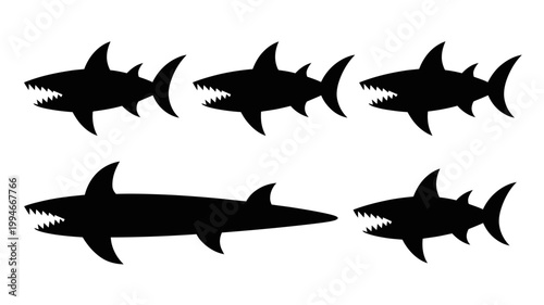 A stark black and white illustration depicts five sharks of varying sizes and perspectives showcasing their predatory features and streamlined bodies high quality professional detailed modern