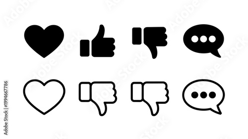 A collection of black and white social media icons depicting hearts thumbs up thumbs down and speech bubbles high quality professional detailed modern elegant stylish clean