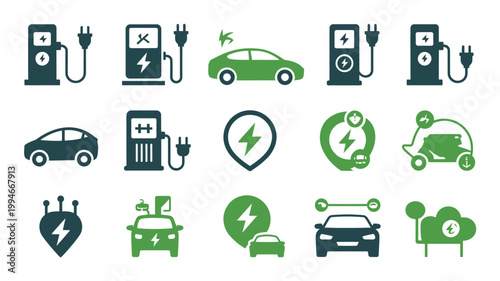A collection of green and teal icons depicting electric vehicles charging stations and related energy symbols high quality professional detailed modern elegant stylish clean crisp vibrant