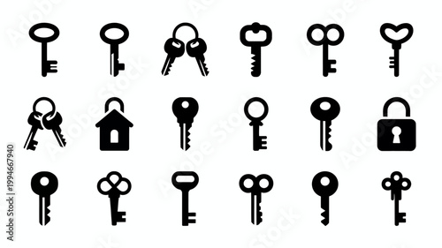 A collection of black silhouette icons depicts various keys a house and a padlock representing security and access concepts high quality professional detailed modern elegant stylish