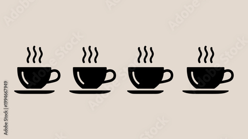A minimalist illustration features four black coffee cups in a row each emitting steam against a light beige background high quality professional detailed modern elegant stylish