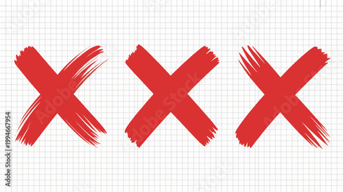 A minimalist composition displays three bold red x marks against a pale gray grid background evoking feelings of rejection or cancellation high quality professional detailed modern