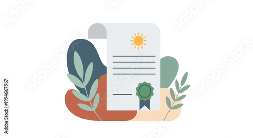 Certificate with green seal and sun.