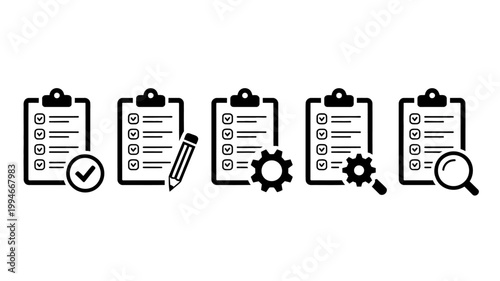 A series of black and white clipboard icons depicting checklists some with additional elements like pencils gears and magnifying glasses high quality professional detailed modern elegant