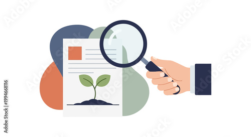 Hand holding magnifying glass over document.