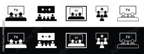 TV Watching Audience Icon Set Black and White Silhouette Video Streaming Concept