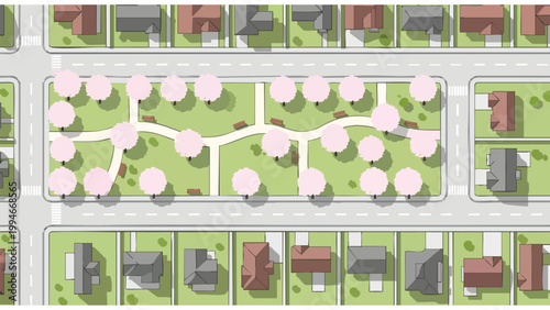 Aerial View Suburban Neighborhood Park with Cherry Blossom Trees & Homes