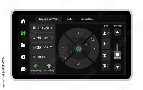 Photorealistic detailed 3D printer menu ui mockup isolated on transparent background. Vector PNG