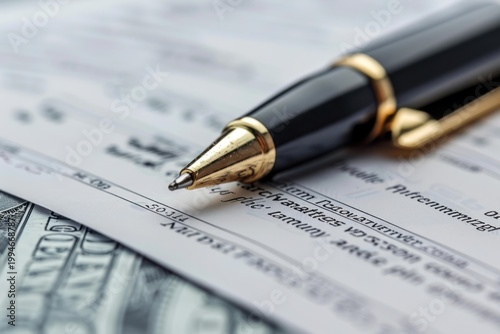 Elegant pen is lying on a bank check with us dollar banknotes, ready for signing