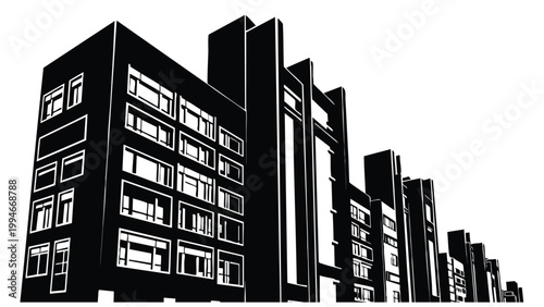 Modern Apartment Building Facade Black and White Vector Illustration