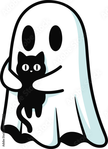 Cute Ghost and Black Kitten Hugging Vector Illustration
