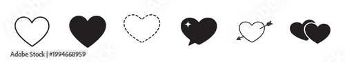 Heart shape icons set, love and healthcare vector symbols, minimal line art isolated.
