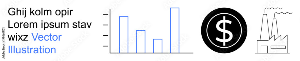 Fototapeta premium Business strategy, financial growth, data analysis, economic development, industrial progress, resource management. Bar chart, dollar sign factory outline. Financial growth and economic development