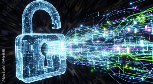 Digital Padlock Unlocked with Data Flow - Cybersecurity and Access Concept