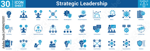 Strategic Leadership icon set vector illustration concept for business with icon of Strategic, Leadership, Decision, Decision Support System, Risk Management, Change Management, Benchmarking, Metrics.