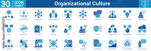Organizational Culture icon set vector illustration concept for business with icon of Organization, Organization Structure, Cultural Sensitivity, Employee Engagement, Work Life Balance, Team Buildin.