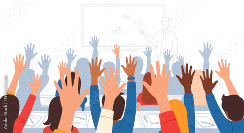 Diverse group of people raising hands in a classroom or meeting setting.
