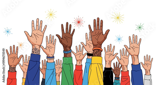 Diverse group of raised hands symbolizing unity and participation.