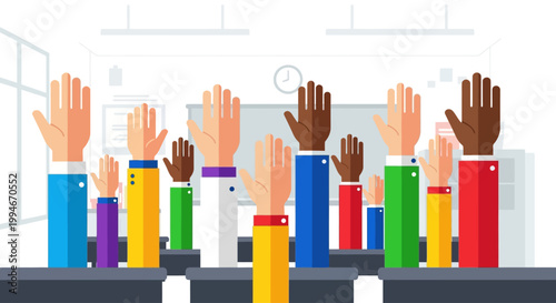 Diverse group of raised hands in a meeting or classroom setting.