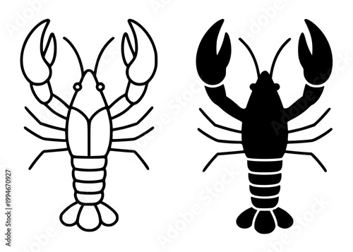 Crayfish minimalist icon, in outline and silhouette design