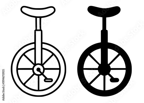 Unicycle minimalist icon, in outline and silhouette design