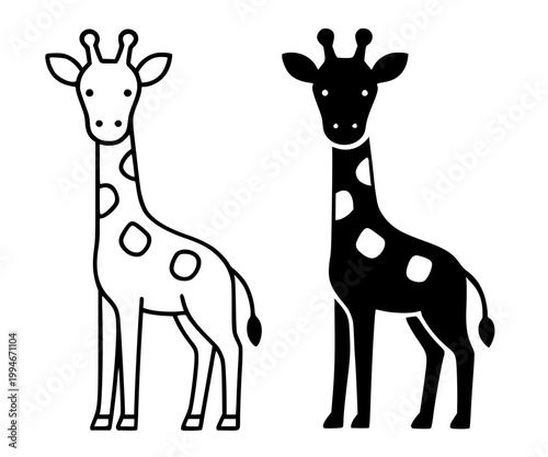 Baby giraffe minimalist icon, in outline and silhouette design