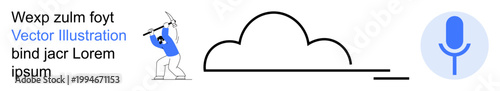 Cloud computing, data storage, technology solutions, voice recognition, communication tools, and teamwork. Person interacting with graphical elements, microphone and cloud. Cloud computing