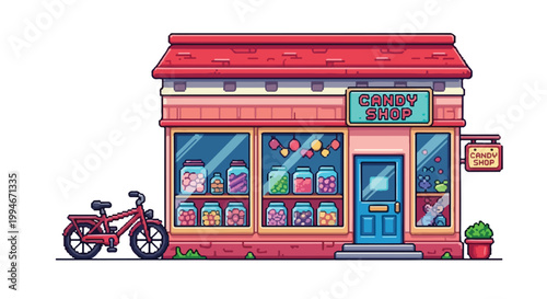 A delightful vector illustration of a pink candy shop with large display windows filled with colorful sweets and a red bicycle parked out front.