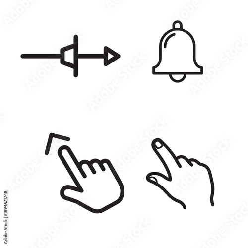 Black and white vector icons of funnel, arrow, fountain pen, and refresh symbols isolated on white background