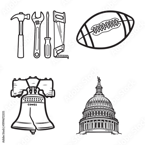 Black and white illustration of various festive icons isolated on white background