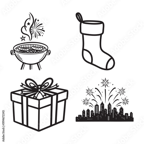 Black and white illustration of various american icons and tools isolated on white background