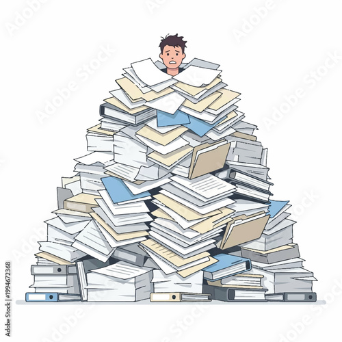 Cartoon illustration of a man overwhelmed by a massive stack of books and papers on a white background with a comical expression.