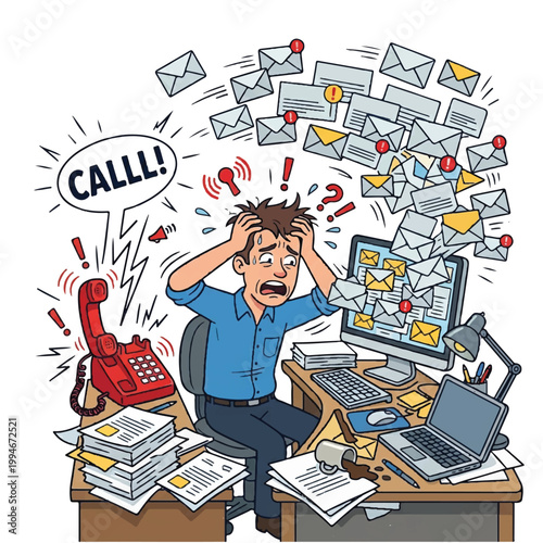 Overwhelmed businessman sitting at a cluttered desk with phones and computers ringing, surrounded by flying envelopes and papers.