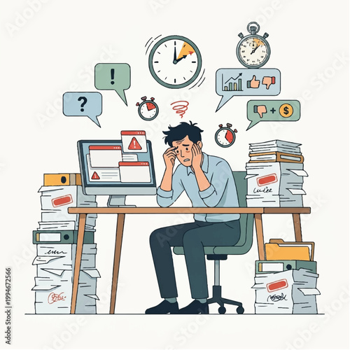 Illustration of a stressed man sitting at a cluttered desk with piles of papers, computer, and time management icons floating above his head.