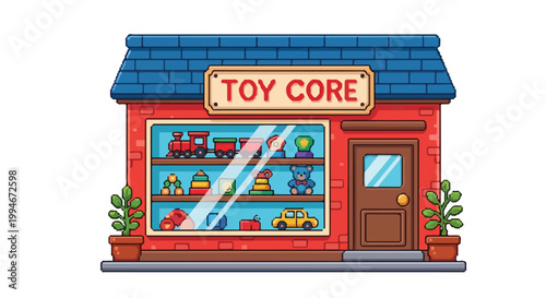 This is a colorful 2D vector illustration of a charming toy store called TOY CORE, featuring a window full of toys and a classic storefront design.