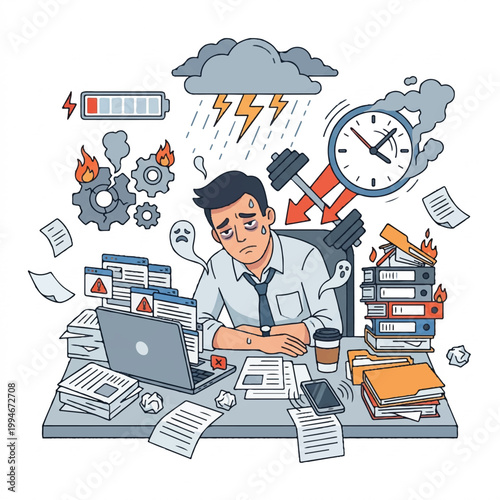 Overwhelmed businessman sitting at a cluttered desk with a stressed expression surrounded by chaotic office supplies and deadlines.