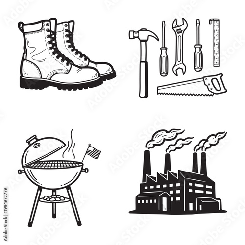 Black and white illustration set of american symbols and icons isolated on white background