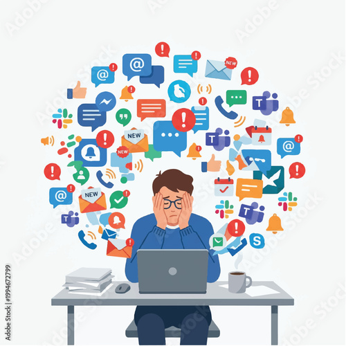 Illustration of a stressed businessman sitting at a desk with a laptop surrounded by various social media and communication icons in a chaotic manner.