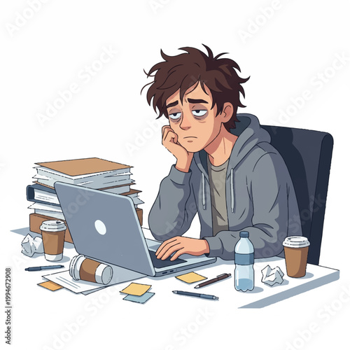Illustration of a stressed young man sitting at a cluttered desk with a laptop and piles of books in a chaotic workspace.