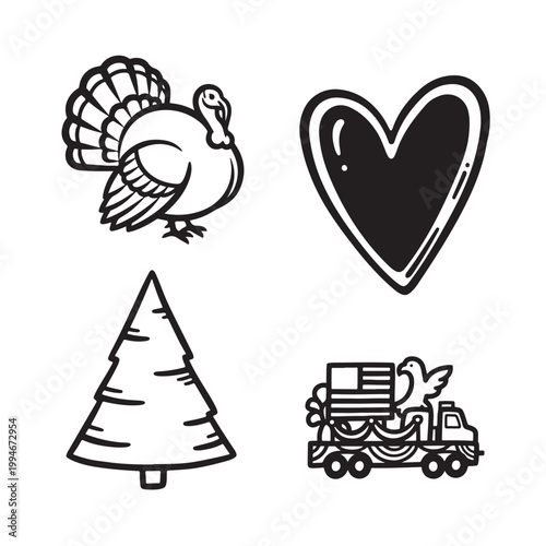 Black and white illustrations of historical figures and holiday symbols