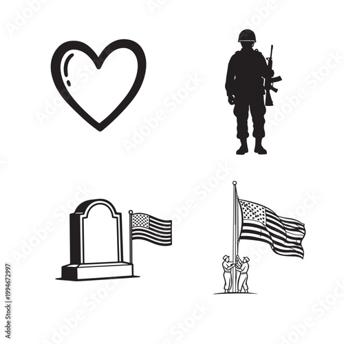 Black and white line drawing of various festive icons isolated on white background