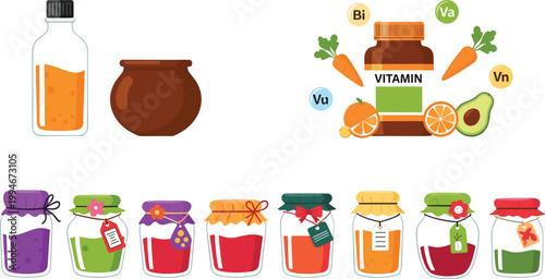 Vitamin bottle and colorful jam jars collection with fruit preserves, glass containers and healthy nutrition concept vector illustration set