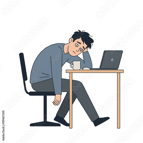 Illustration of a tired man sitting at a desk with a laptop and coffee cup on a plain white background.