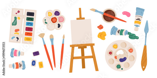 Art supplies set with easel, brushes, palettes, paint tubes and watercolors. Artist tools and painting equipment collection. Hand drawn vector illustration isolated on white background.